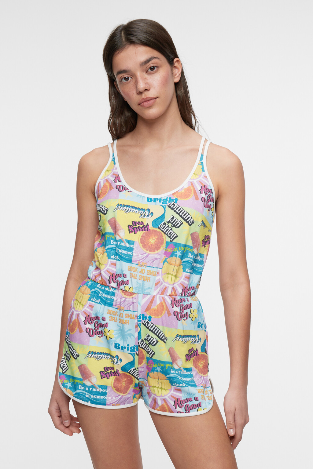 Комбинезон хлопковый на тонких бретелях с шортами - цвет мультиколор - 2