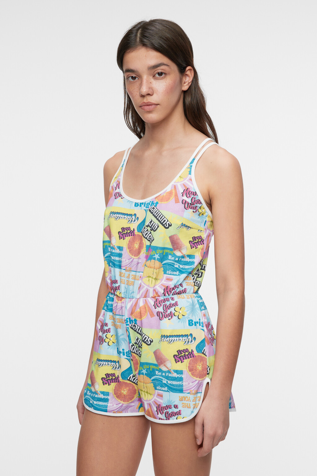 Комбинезон хлопковый на тонких бретелях с шортами - цвет мультиколор - 3