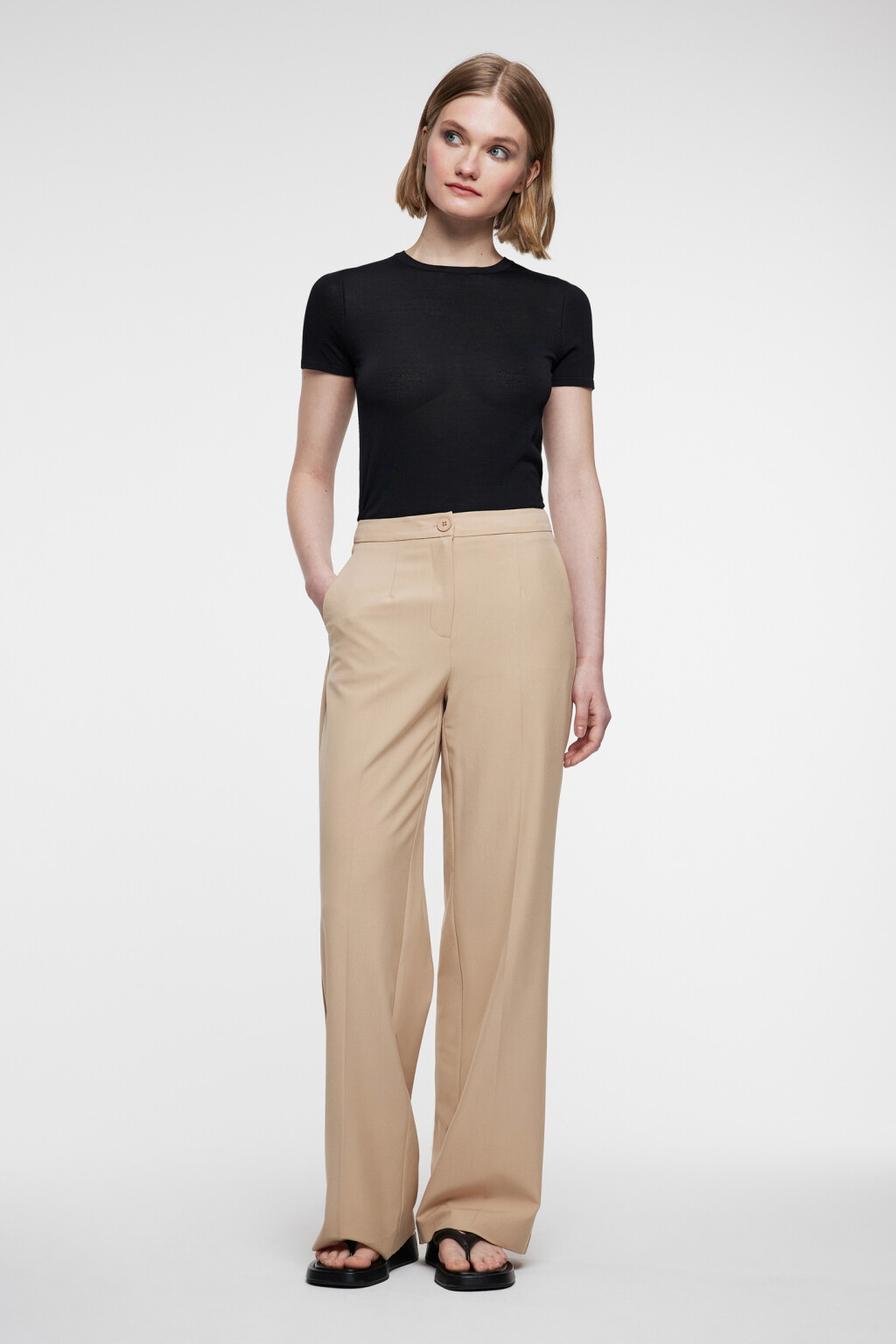 Брюки прямые костюмные с высокой посадкой - цвет бежевый - 4