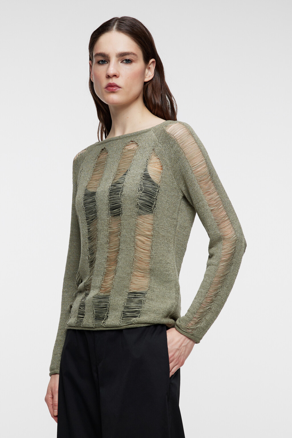 Джемпер тонкий вязаный с прозрачными вставками - цвет зеленый - 2