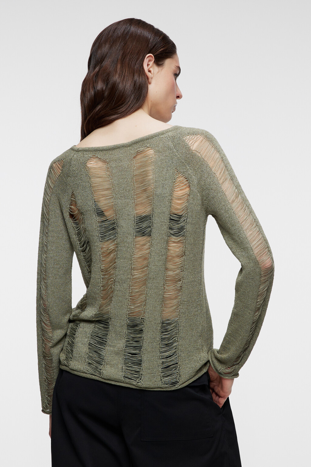 Джемпер тонкий вязаный с прозрачными вставками - цвет зеленый - 3