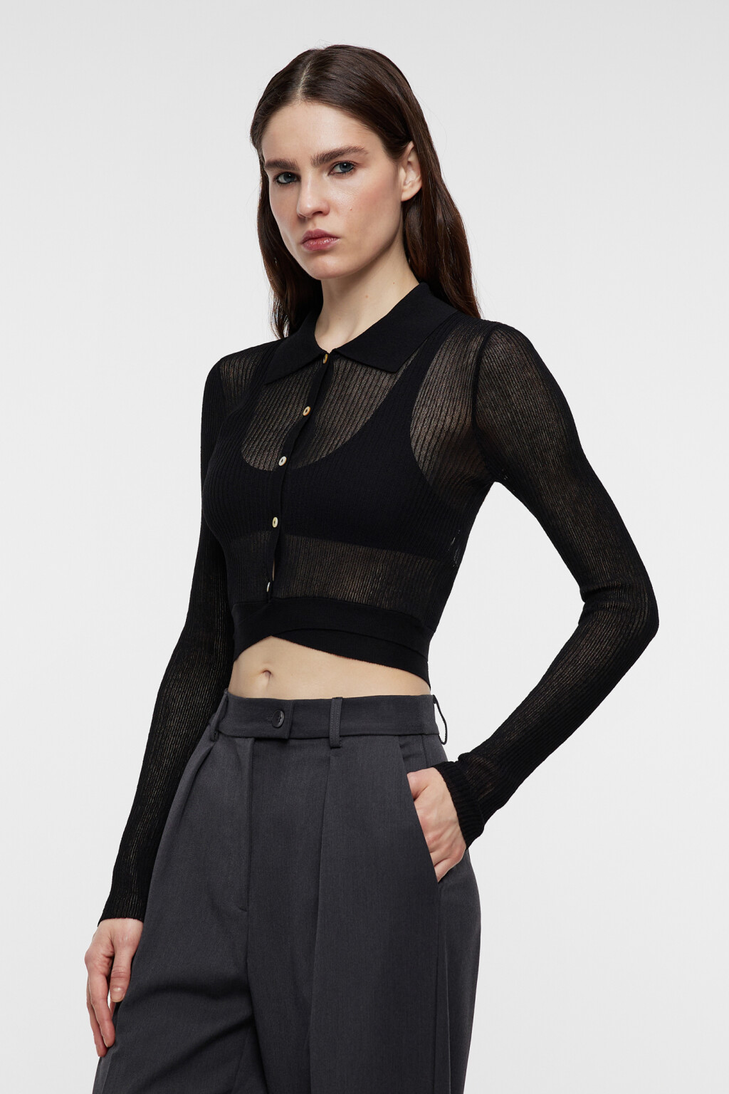 Лонгслив-поло вискозный укороченный с завязками на талии - цвет черный - 2