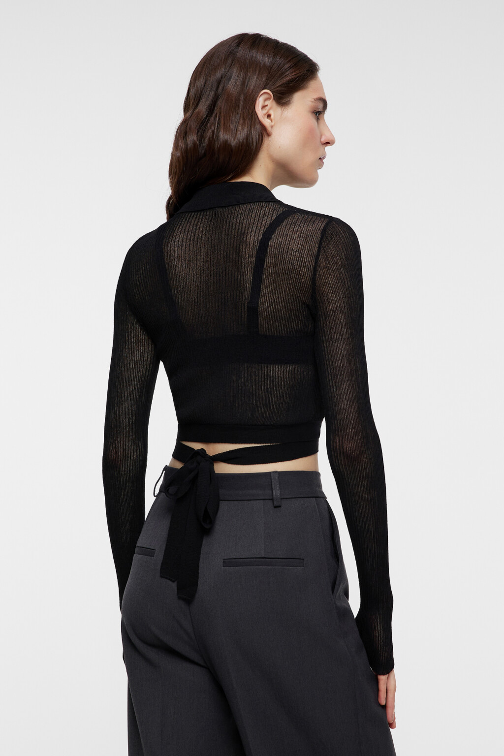 Лонгслив-поло вискозный укороченный с завязками на талии - цвет черный - 3