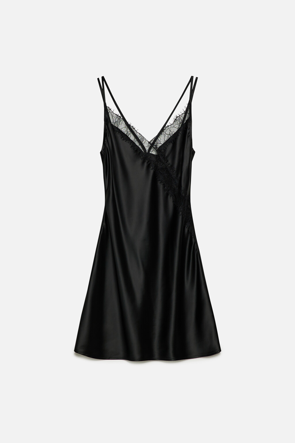 Платье-комбинация мини атласное с кружевными вставками - цвет черный - 12