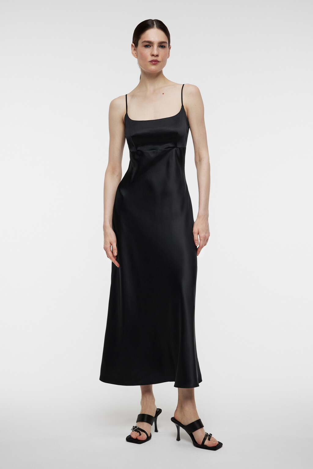 Платье-комбинация миди атласное приталенное - цвет черный - 1