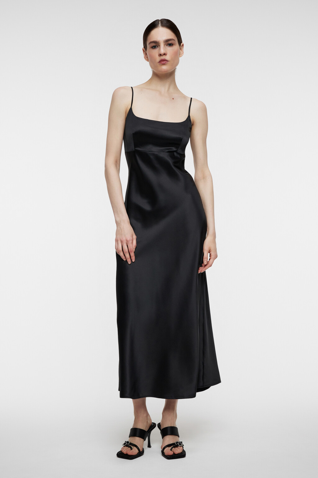 Платье-комбинация миди атласное приталенное - цвет черный - 4