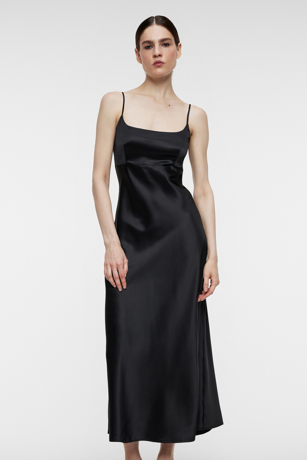 Платье-комбинация миди атласное приталенное - цвет черный - 8