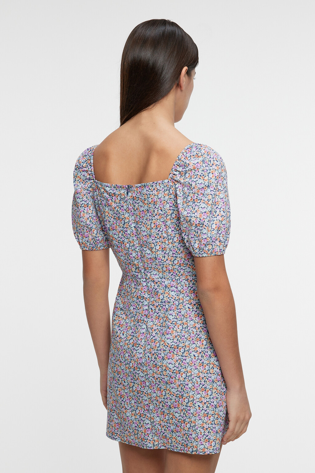 Платье мини хлопковое приталенное с рукавами-фонариками - цвет мультиколор - 3