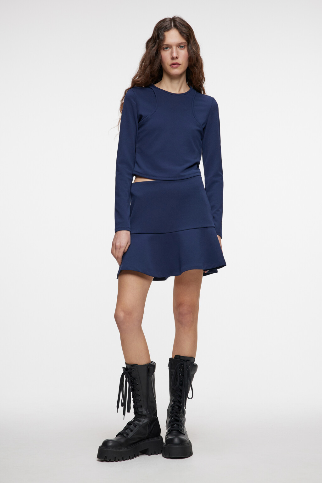 Юбка мини костюмная с высокой посадкой и воланами - цвет синий - 11