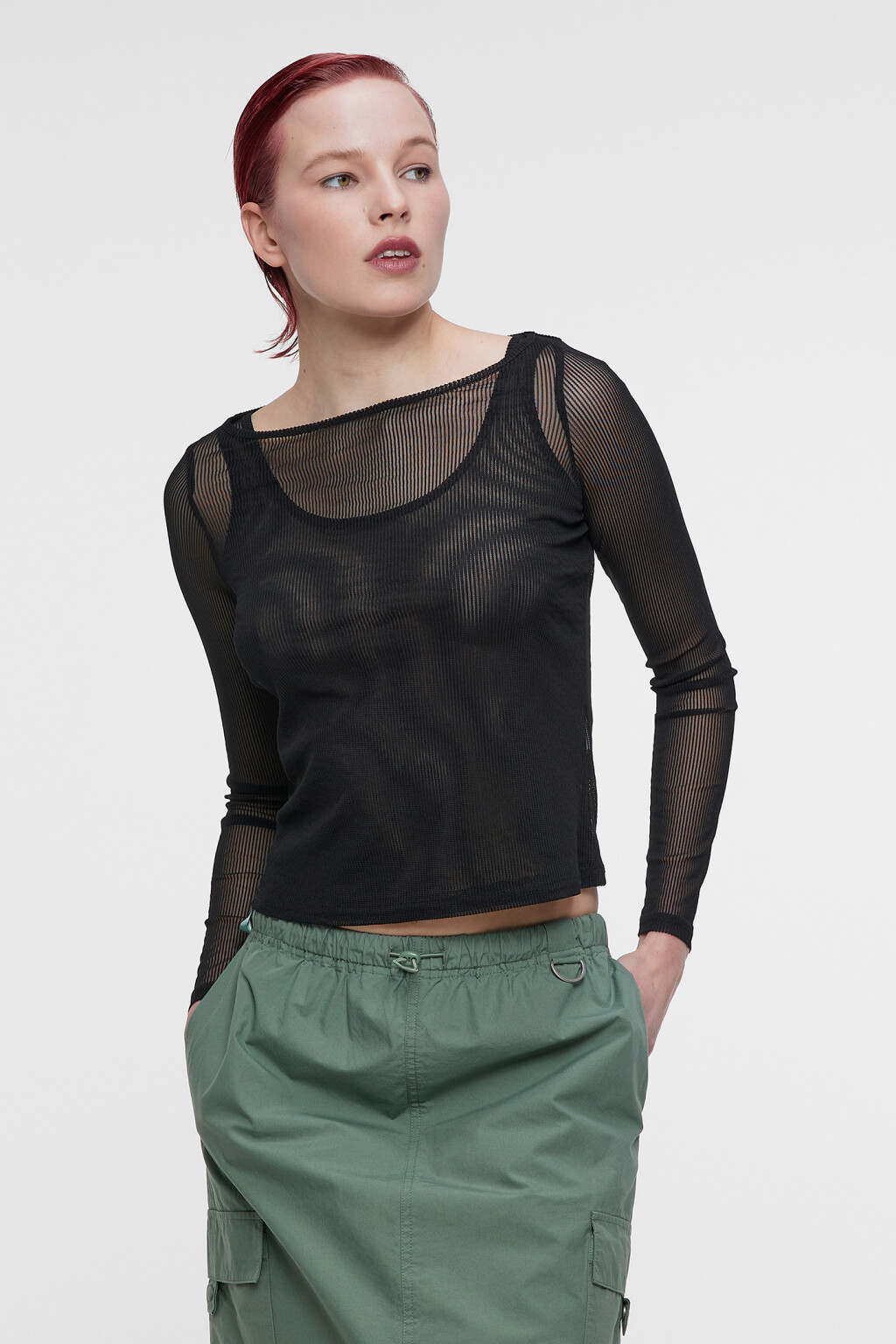 Лонгслив сетчатый облегающий с подкладкой-майкой - цвет черный - 1