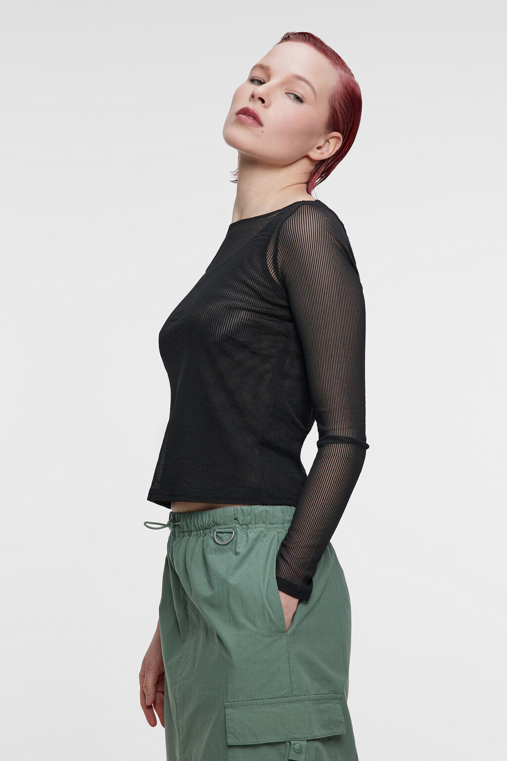 Лонгслив сетчатый облегающий с подкладкой-майкой - цвет черный - 2