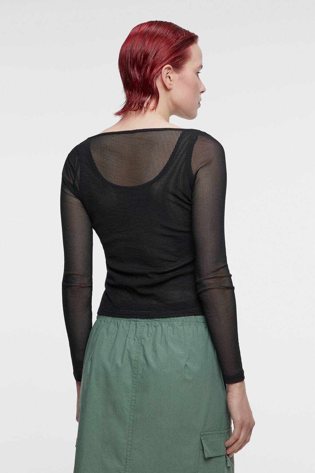 Лонгслив сетчатый облегающий с подкладкой-майкой - цвет черный - 3