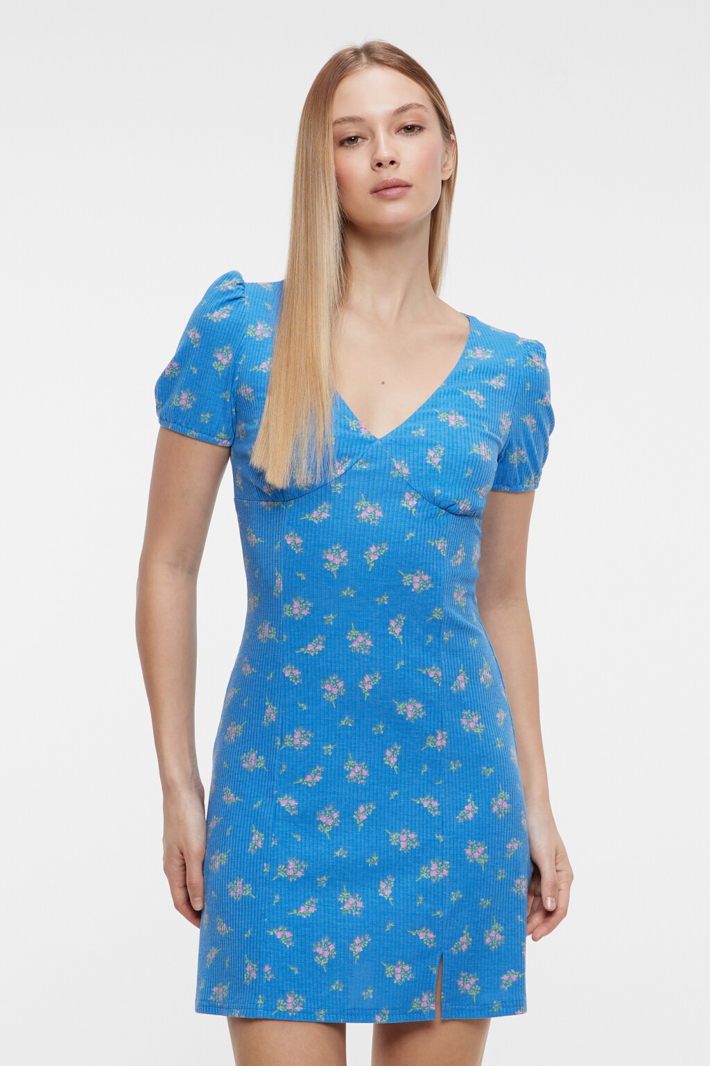 Платье мини приталенное с вырезом и шнуровкой на спине - цвет синий - 2