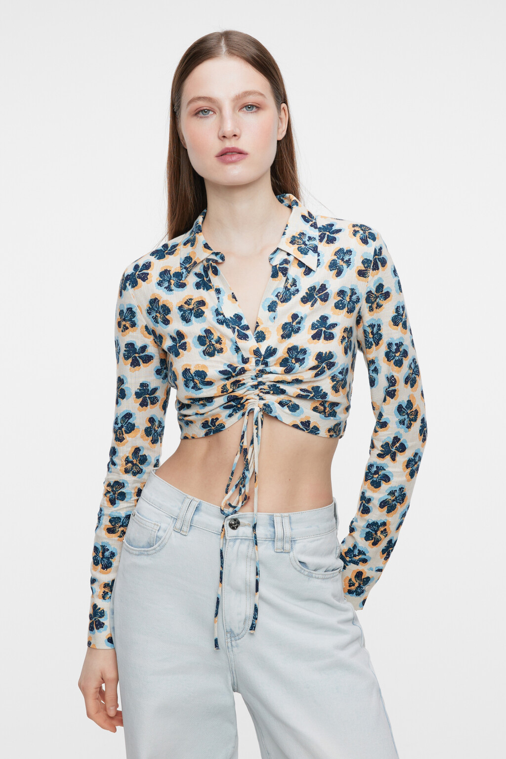 Блузка-рубашка льняная укороченная с драпировкой - цвет мультиколор - 1