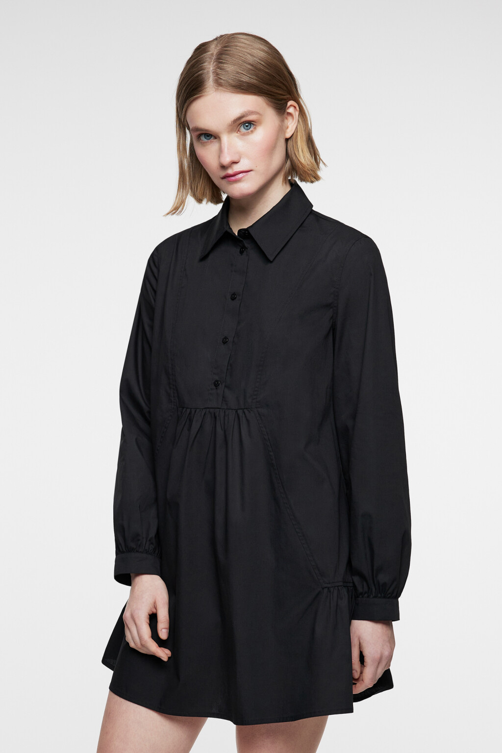 Платье-рубашка мини хлопковое с длинными рукавами - цвет черный - 3
