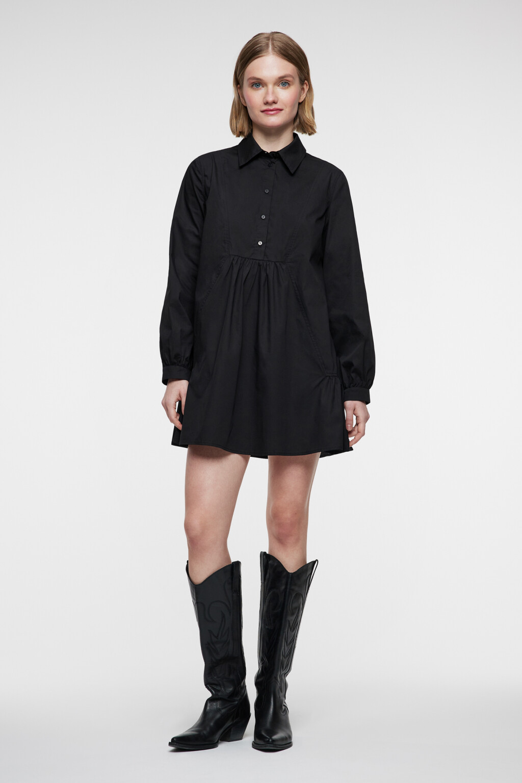 Платье-рубашка мини хлопковое с длинными рукавами - цвет черный - 1