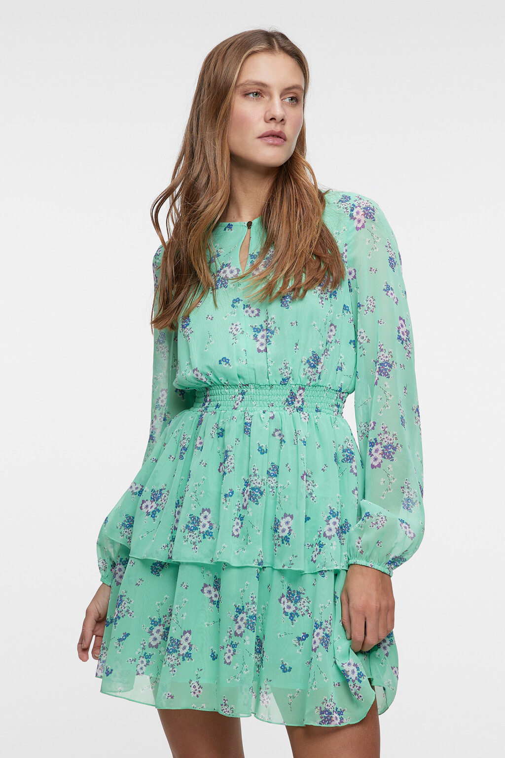 Платье мини шифоновое с вырезом-капелькой - цвет зеленый - 1