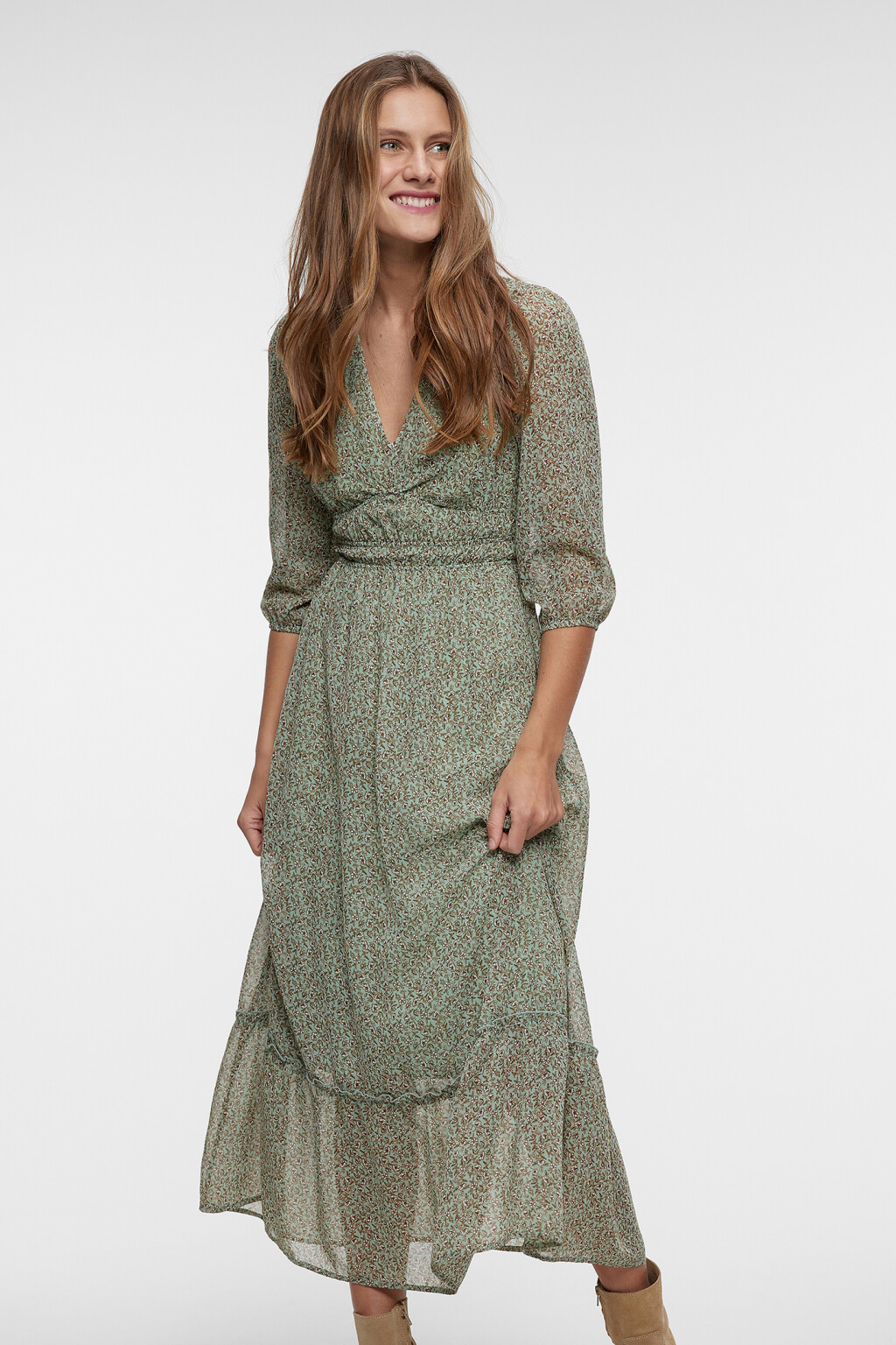 Платье миди шифоновое с V-вырезом и воланами - цвет зеленый - 8