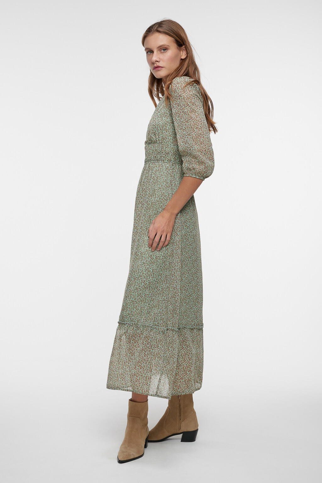 Платье миди шифоновое с V-вырезом и воланами - цвет зеленый - 2