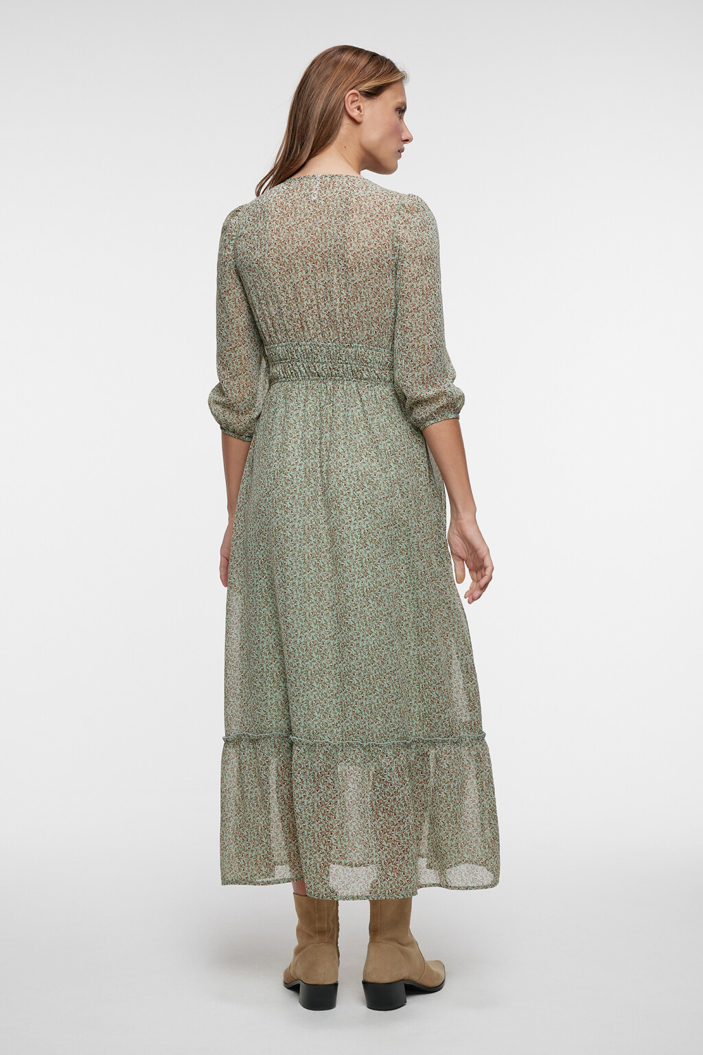 Платье миди шифоновое с V-вырезом и воланами - цвет зеленый - 3