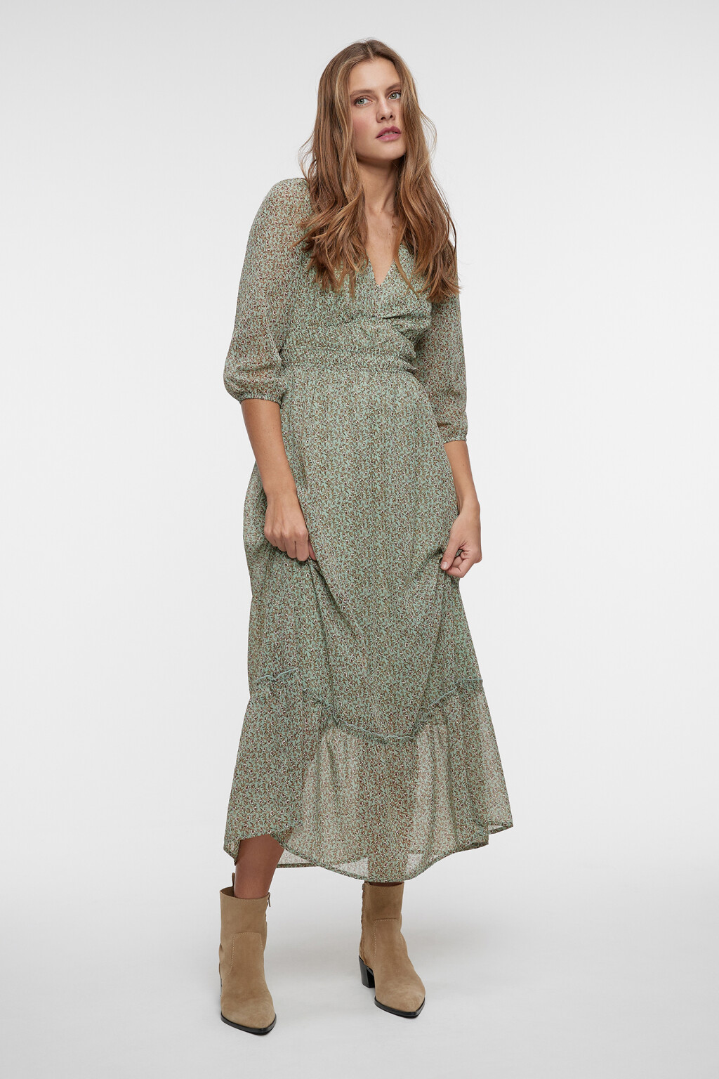 Платье миди шифоновое с V-вырезом и воланами - цвет зеленый - 4