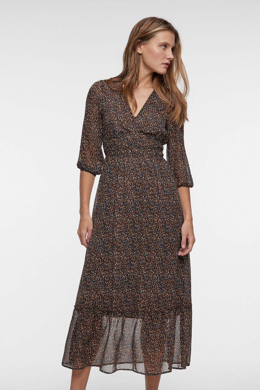 Платье миди шифоновое с V-вырезом и воланами - цвет бежевый - 8