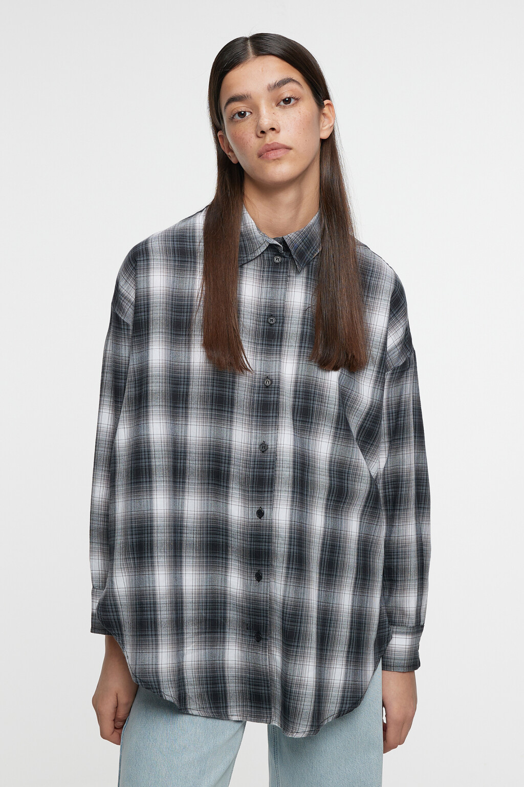 Блузка-рубашка oversize фланелевая в клетку - цвет черный - 1