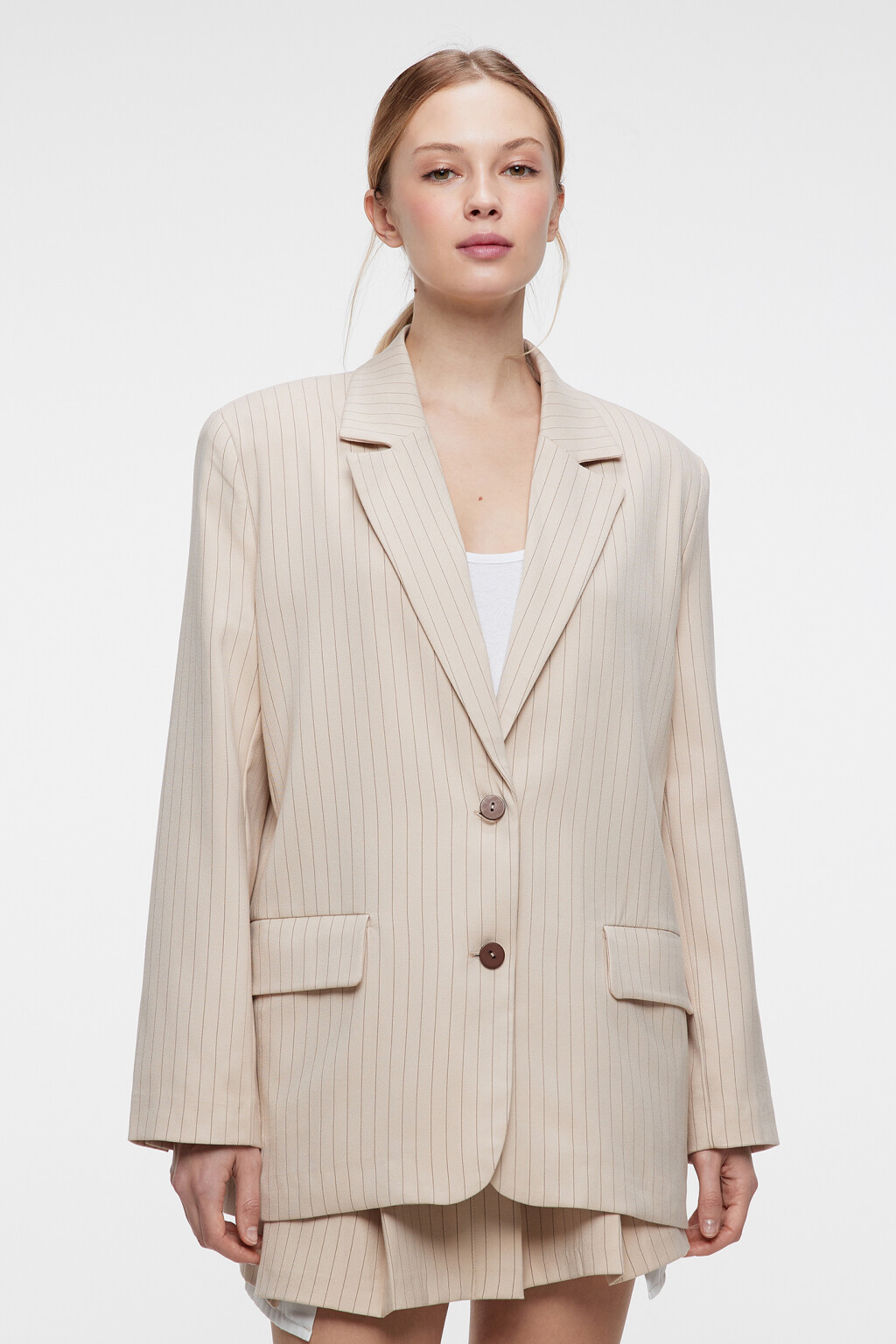 Пиджак oversize однобортный в полоску - цвет бежевый - 1