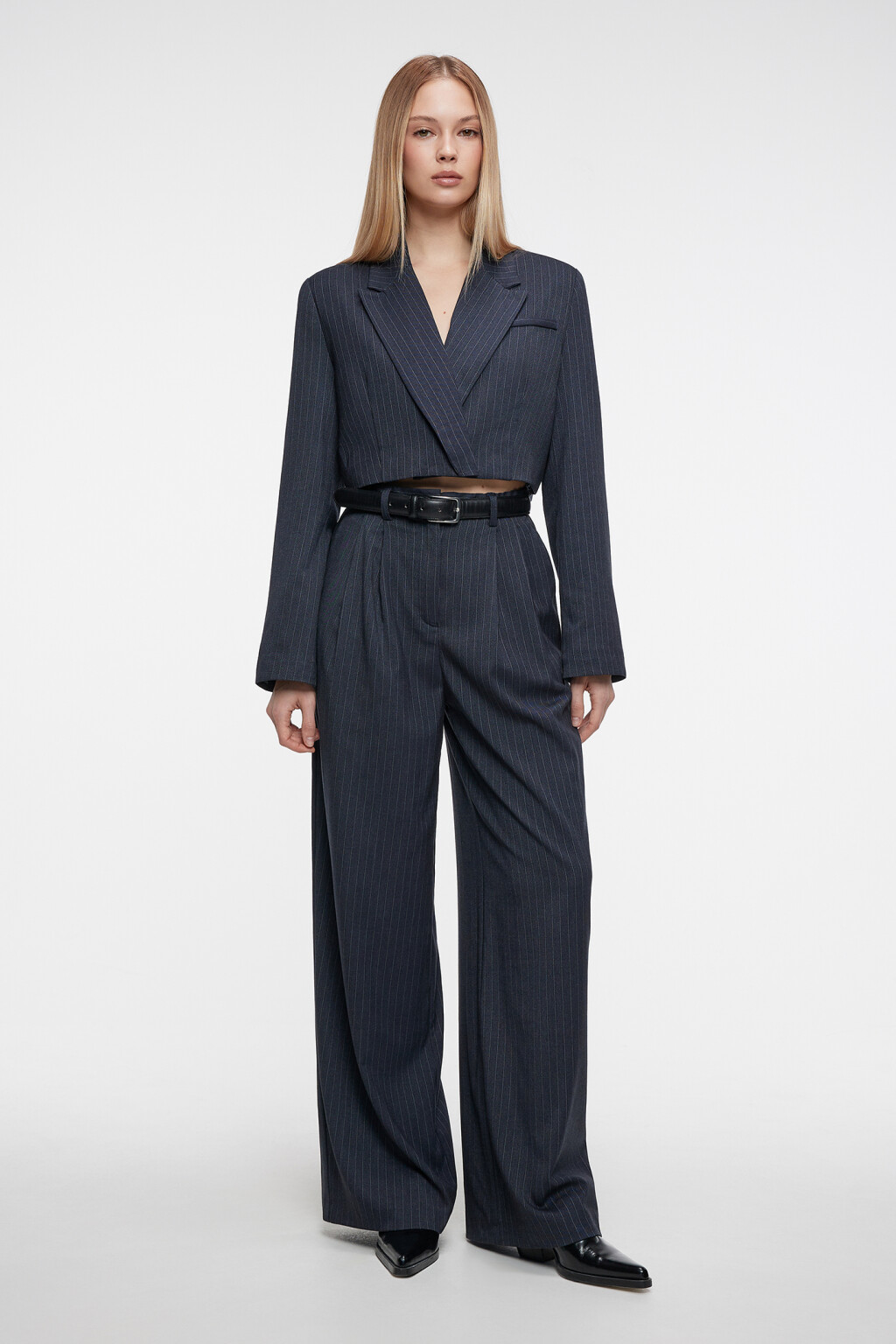 Брюки широкие костюмные в полоску - цвет синий - 4