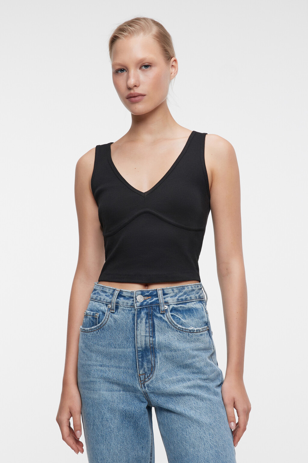 Майка-топ хлопковая с отрезным лифом и V-вырезом - цвет черный - 1