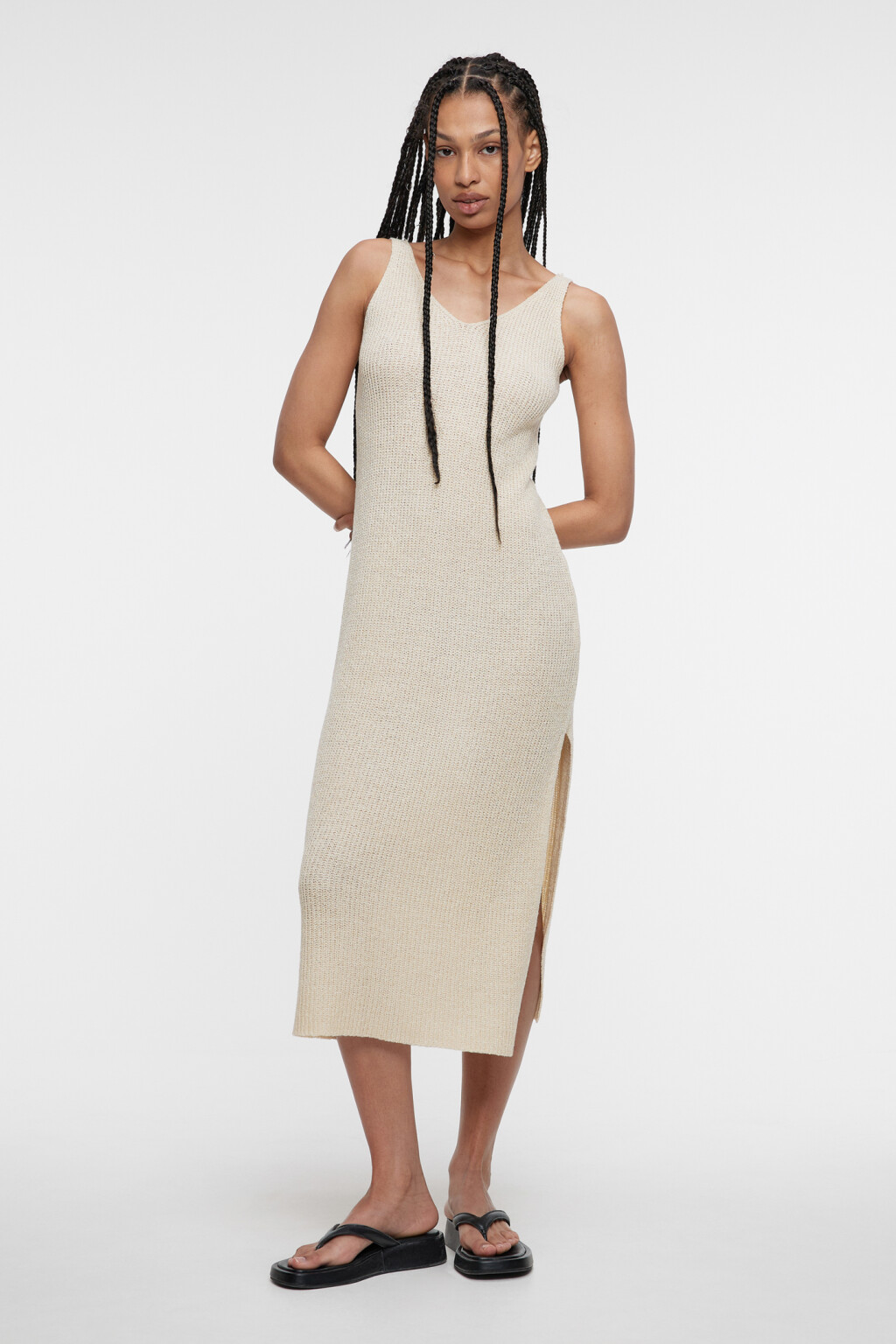 Платье-майка миди вязаное с разрезом на бедре - цвет бежевый - 1