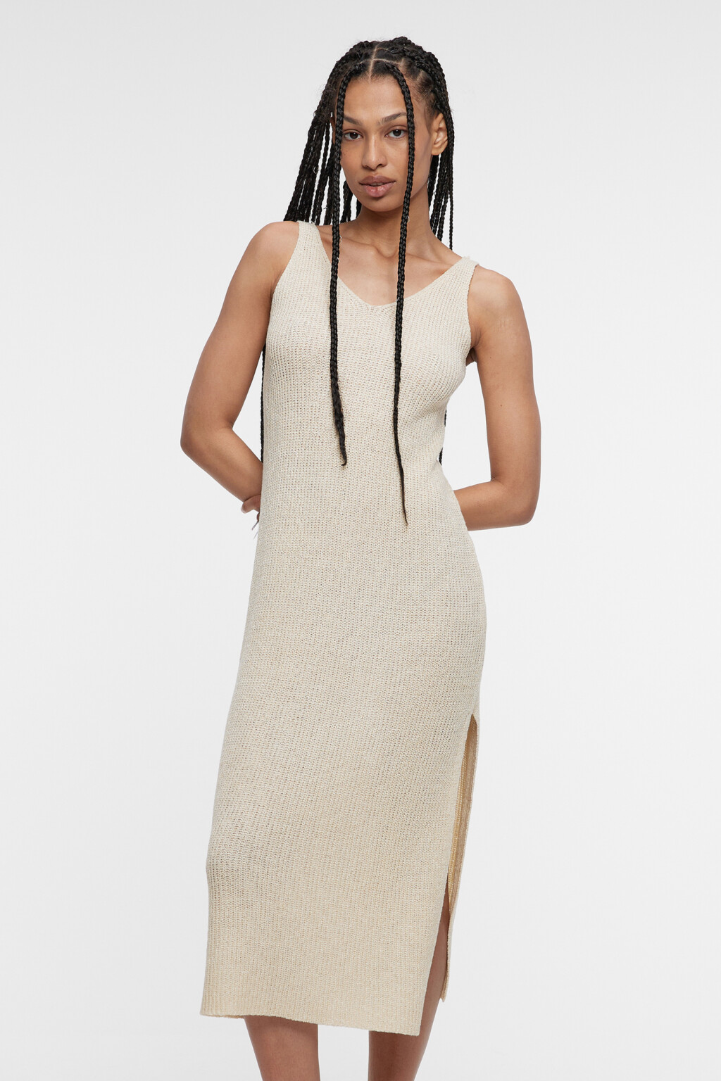 Платье-майка миди вязаное с разрезом на бедре - цвет бежевый - 8