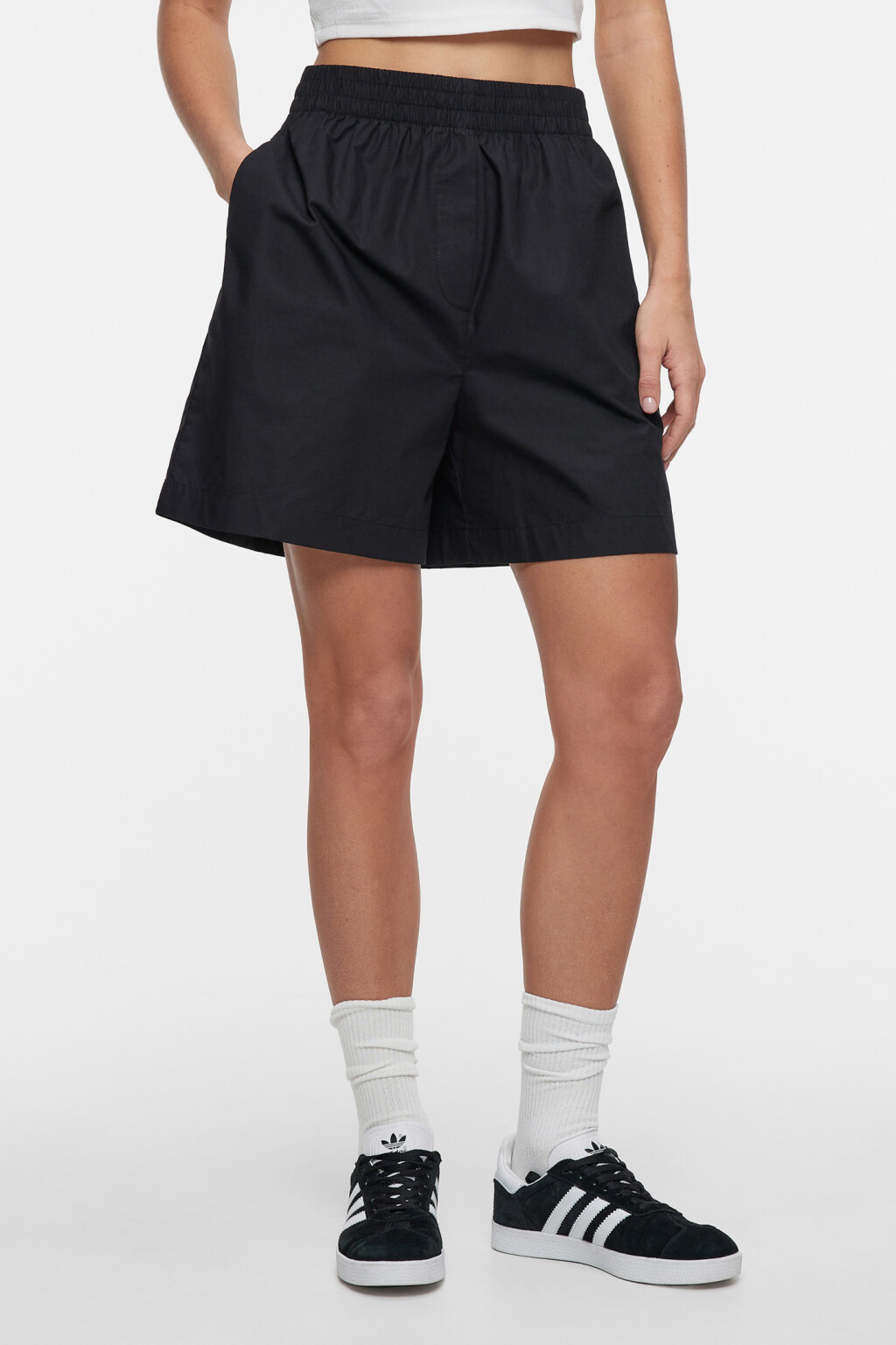 Шорты А-силуэта свободные хлопковые с поясом-резинкой - цвет черный - 1