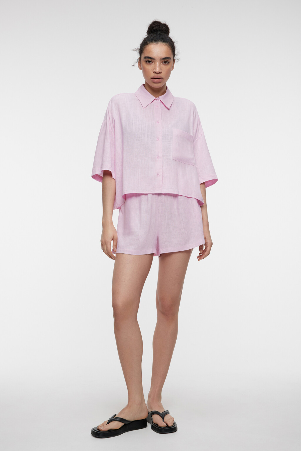 Шорты А-силуэта льняные с поясом на завязках - цвет розовый - 1