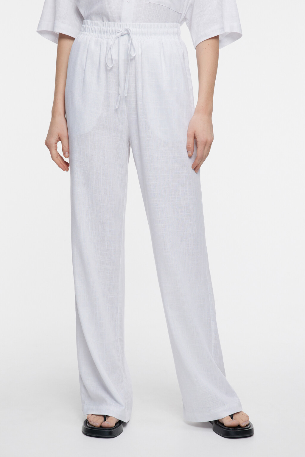 Брюки-палаццо широкие льняные с поясом на завязках - цвет белый - 1