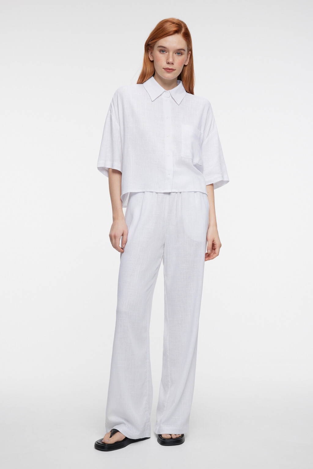 Брюки-палаццо широкие льняные с поясом на завязках - цвет белый - 4