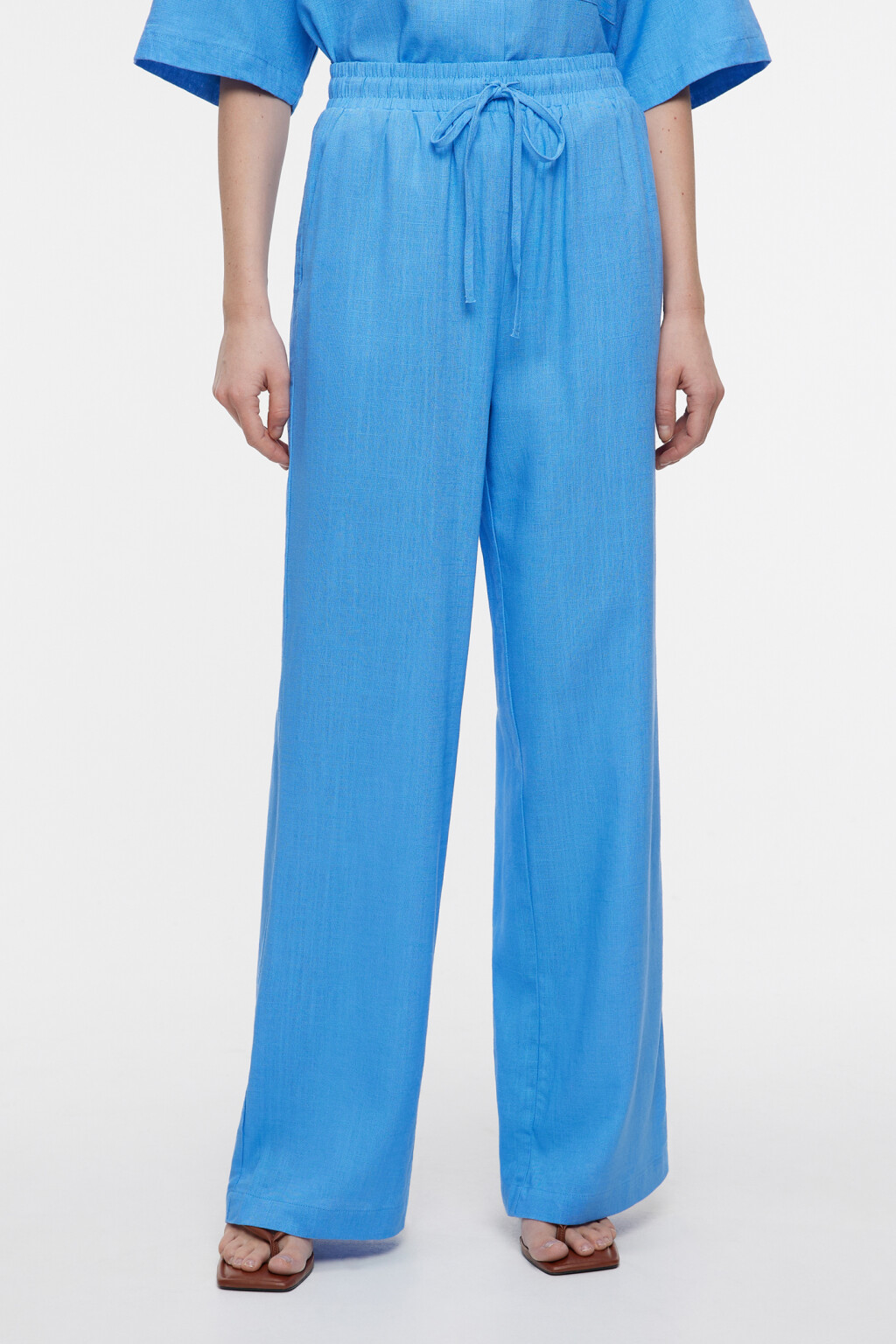 Брюки-палаццо широкие льняные с поясом на завязках - цвет голубой - 1