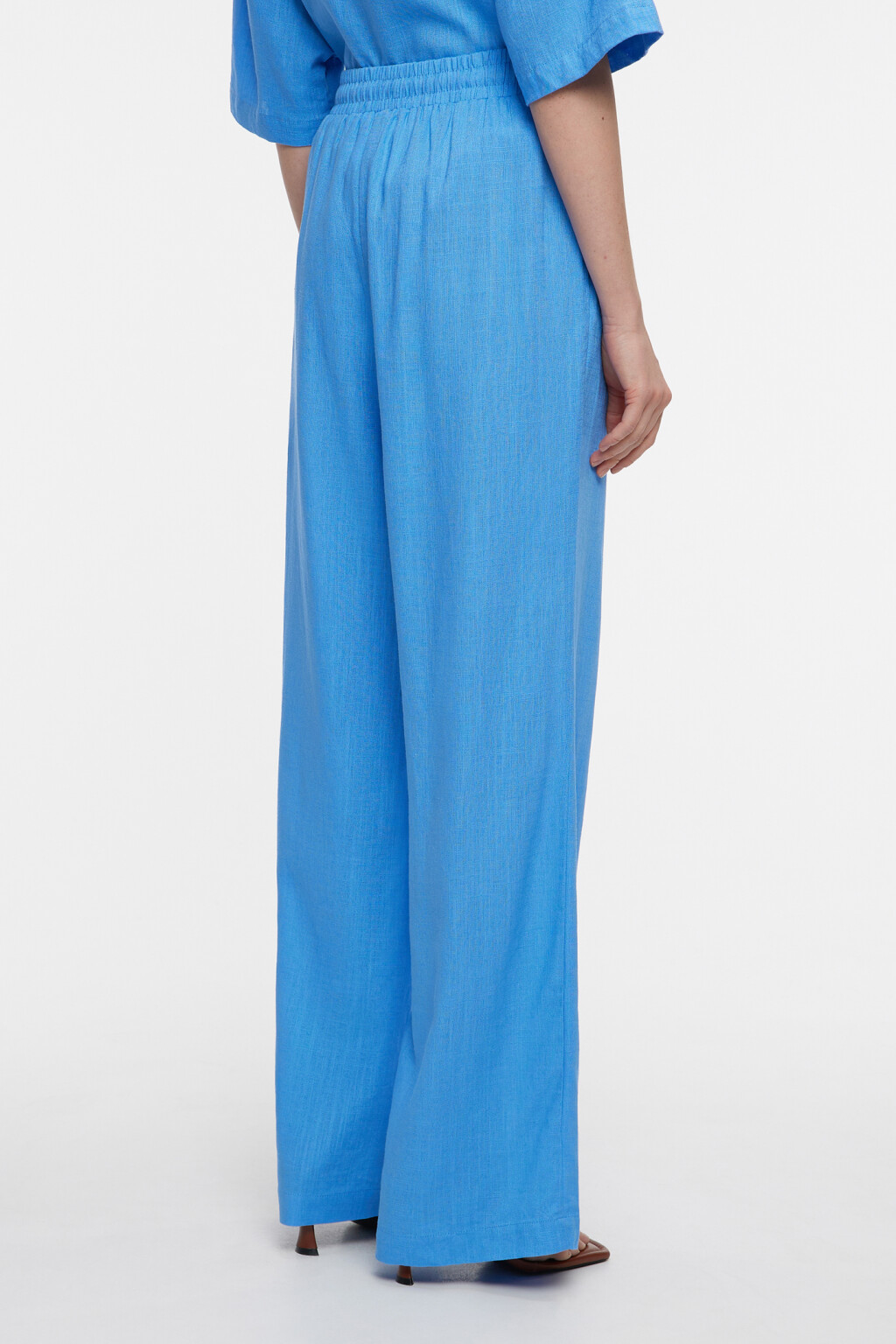 Брюки-палаццо широкие льняные с поясом на завязках - цвет голубой - 3