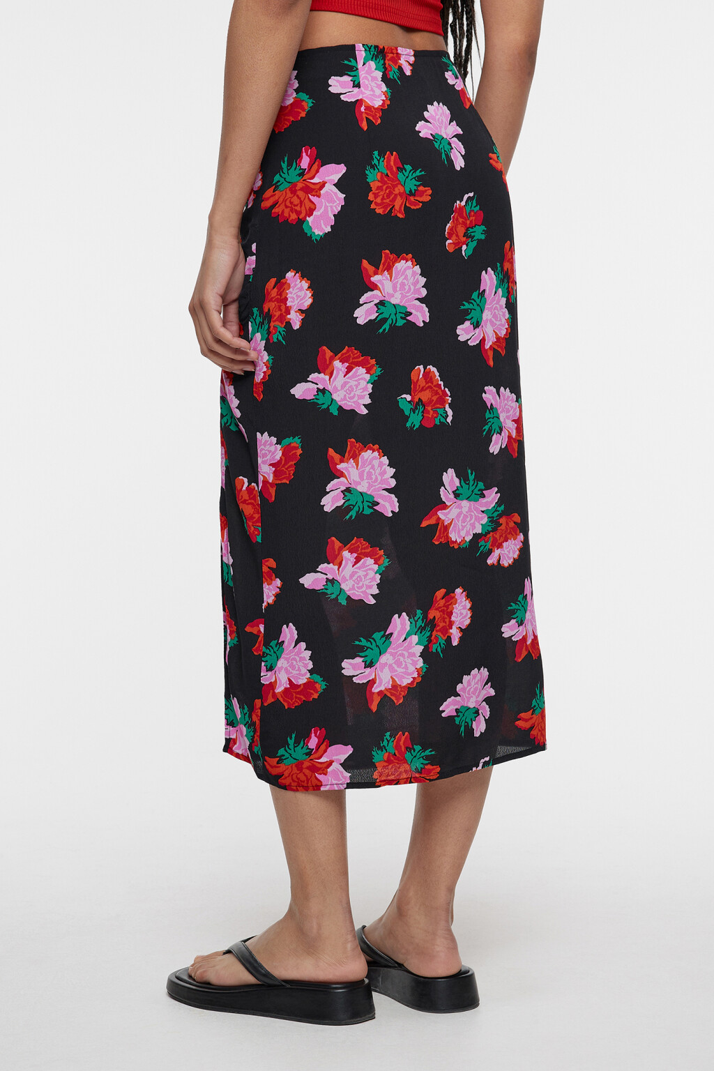 Юбка миди вискозная с разрезом и цветочным принтом - цвет красный - 3