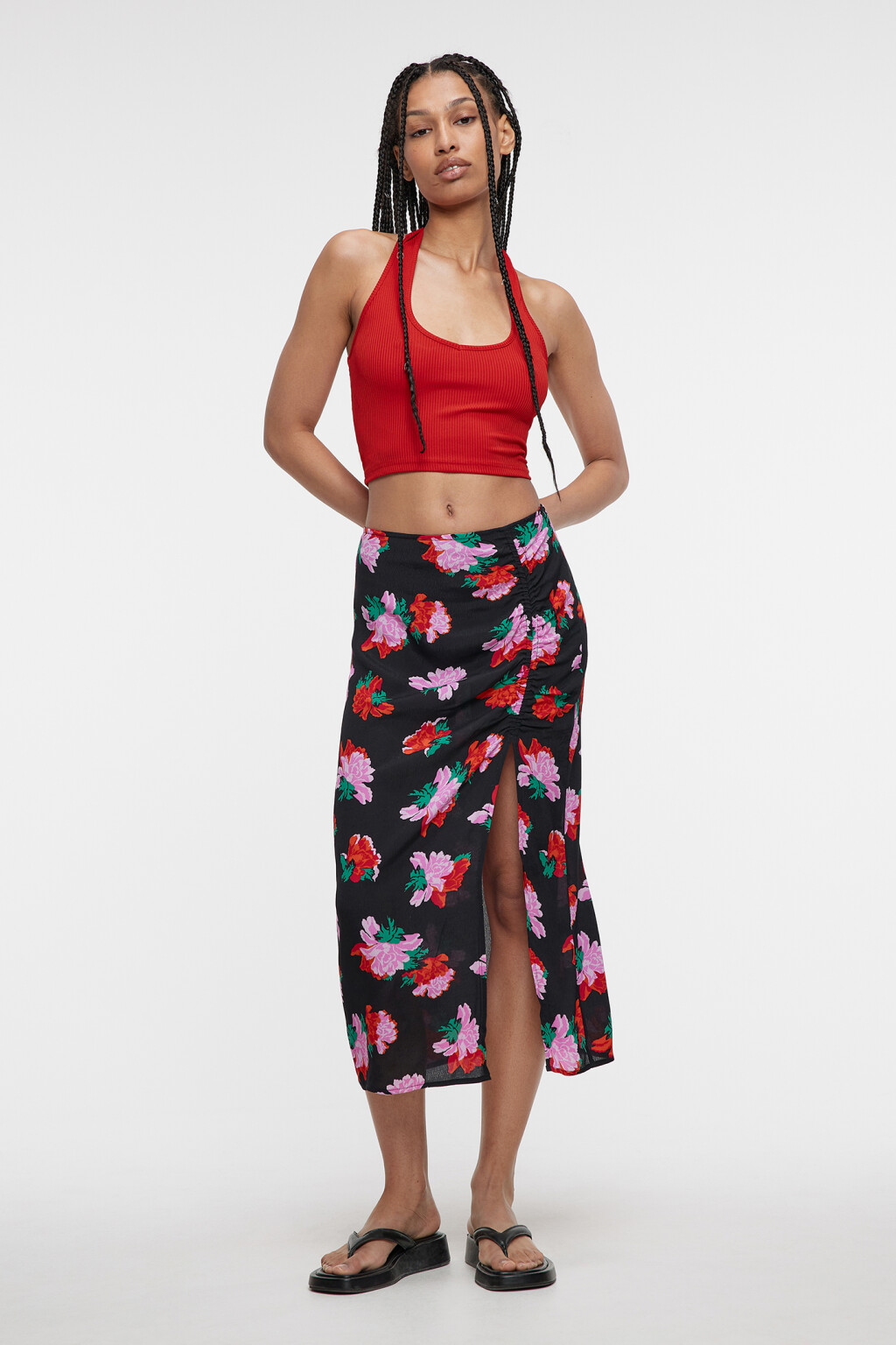 Юбка миди вискозная с разрезом и цветочным принтом - цвет красный - 4