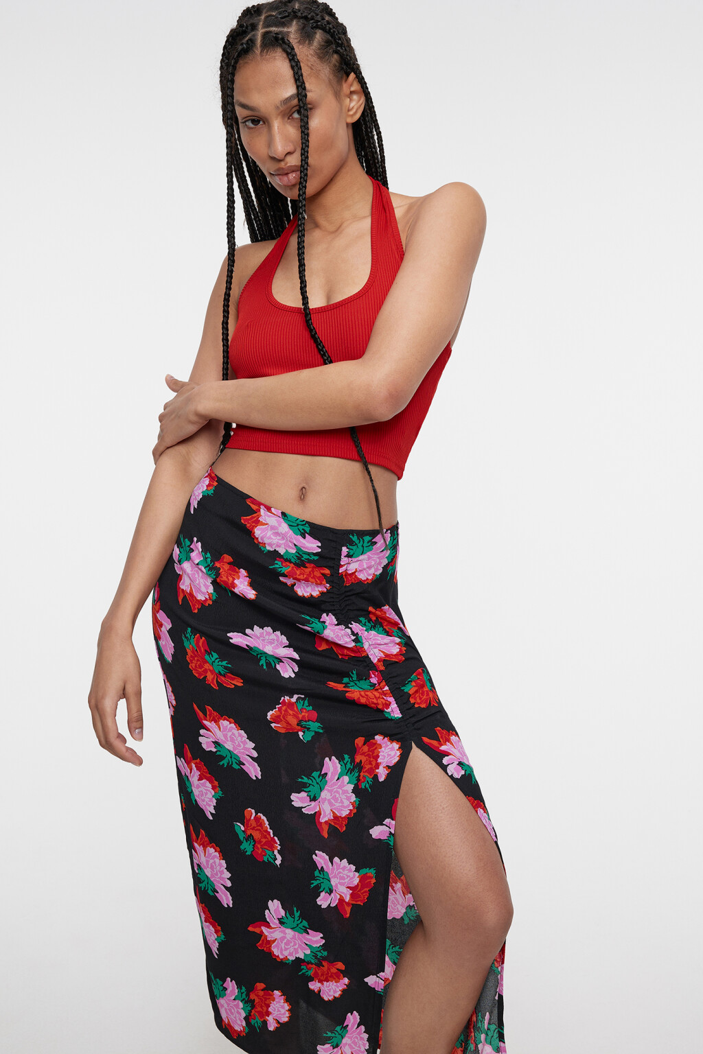 Юбка миди вискозная с разрезом и цветочным принтом - цвет красный - 7