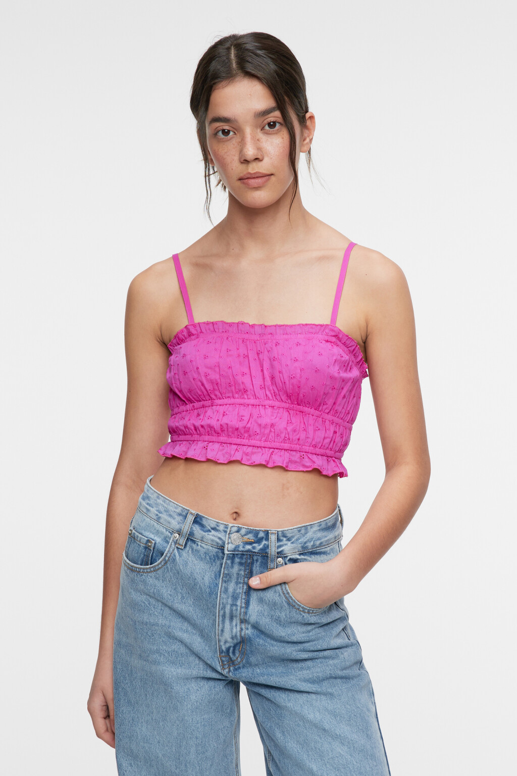 Топ-майка укороченный хлопковый с оборками и рюшами - цвет розовый - 2