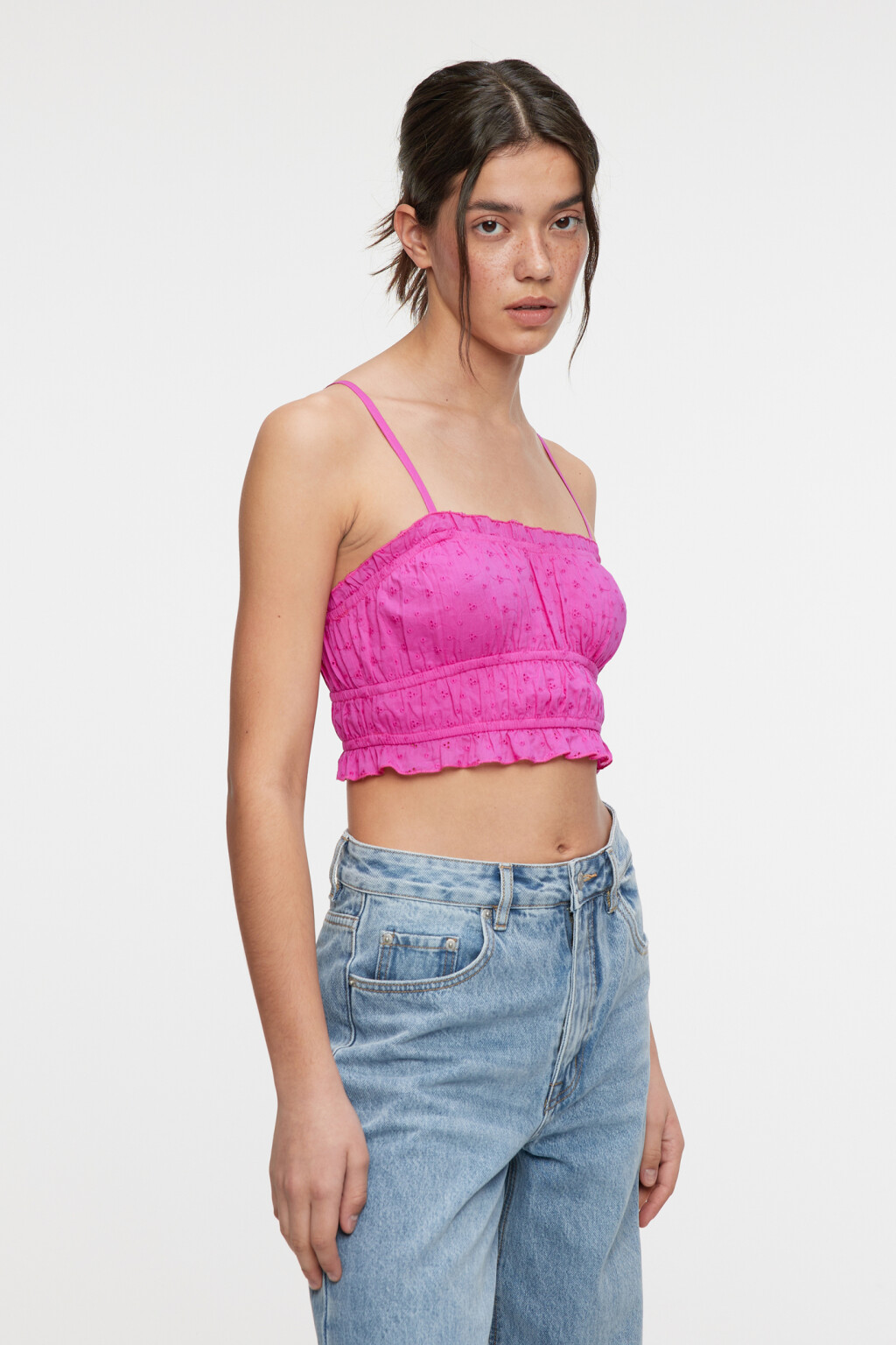 Топ-майка укороченный хлопковый с оборками и рюшами - цвет розовый - 3