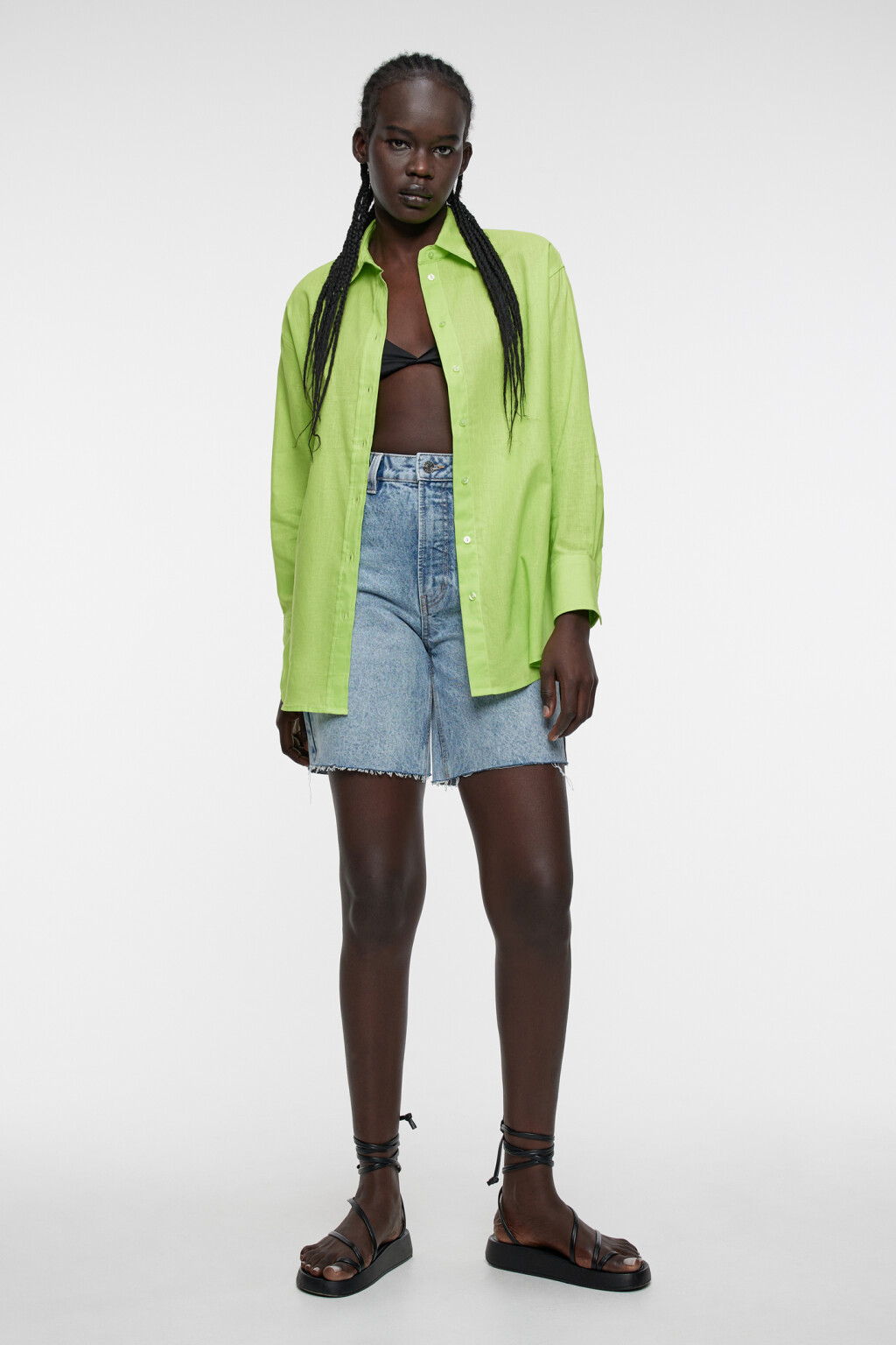 Блузка-рубашка oversize льняная классического кроя - цвет зеленый - 4