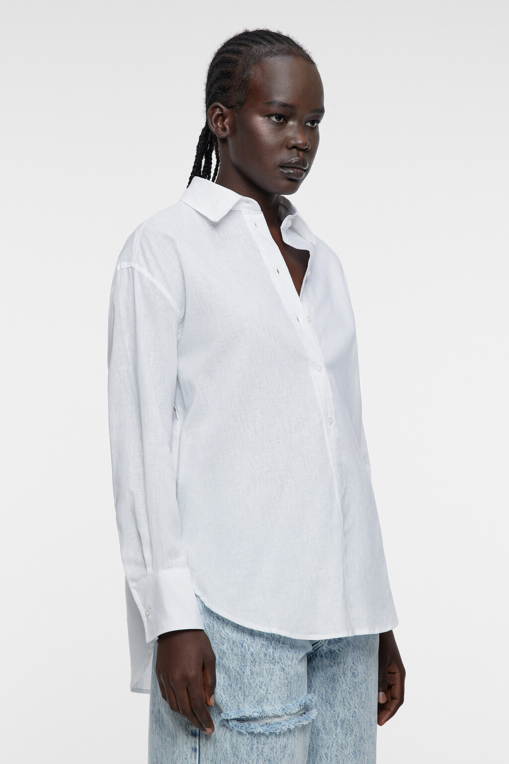 Блузка-рубашка oversize льняная классического кроя - цвет белый - 3