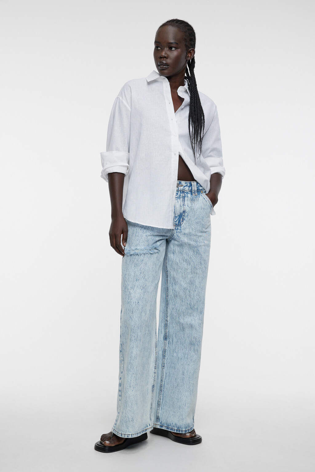 Блузка-рубашка oversize льняная классического кроя - цвет белый - 1