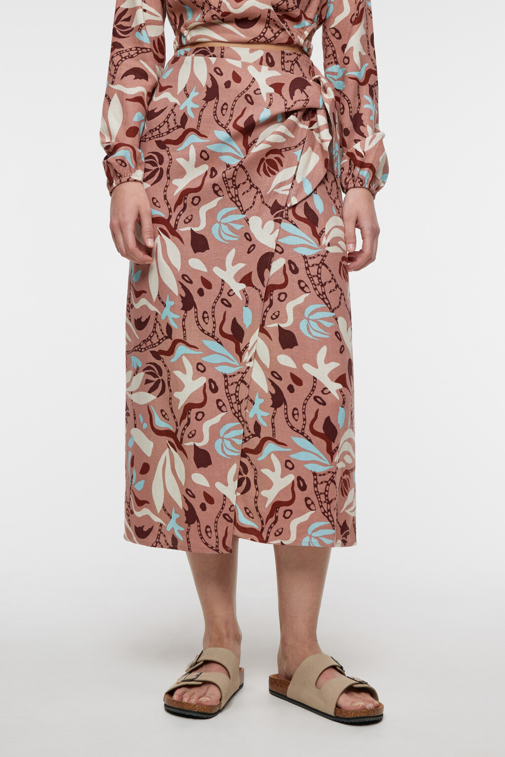 Юбка миди прямая льняная с запахом и поясом - цвет коричневый - 1