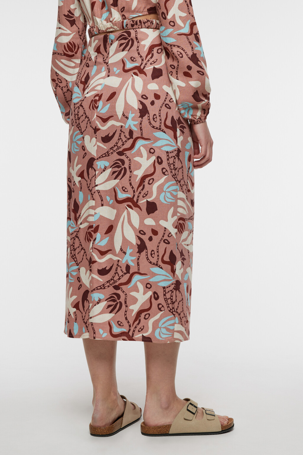 Юбка миди прямая льняная с запахом и поясом - цвет коричневый - 3