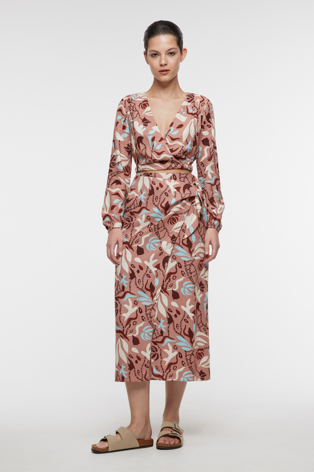 Юбка миди прямая льняная с запахом и поясом - цвет коричневый - 4