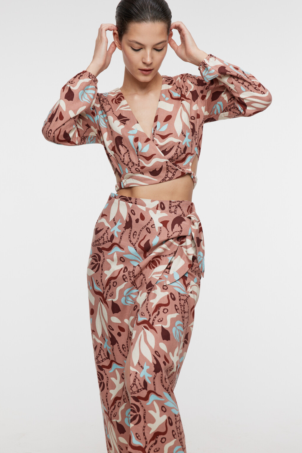 Юбка миди прямая льняная с запахом и поясом - цвет коричневый - 6